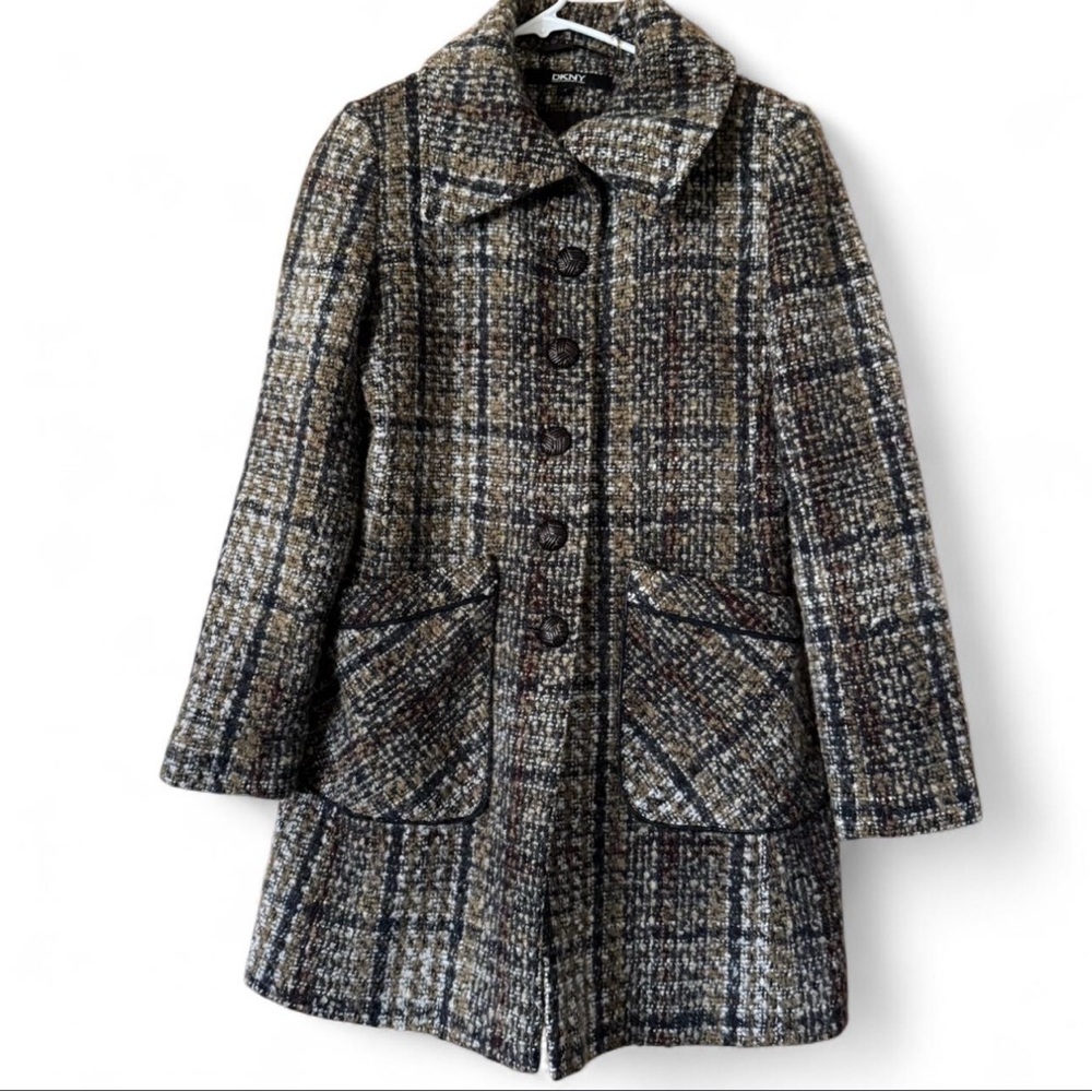 DKNY Women's Multitone Plaid Wool-Blend Pea Coat — Navy, Brown & Cream